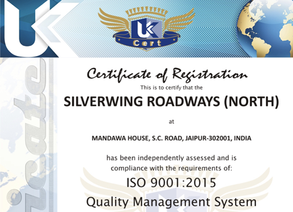 ISO 9001:2015 certification of Silverwing Roadways Transportation and Logistics